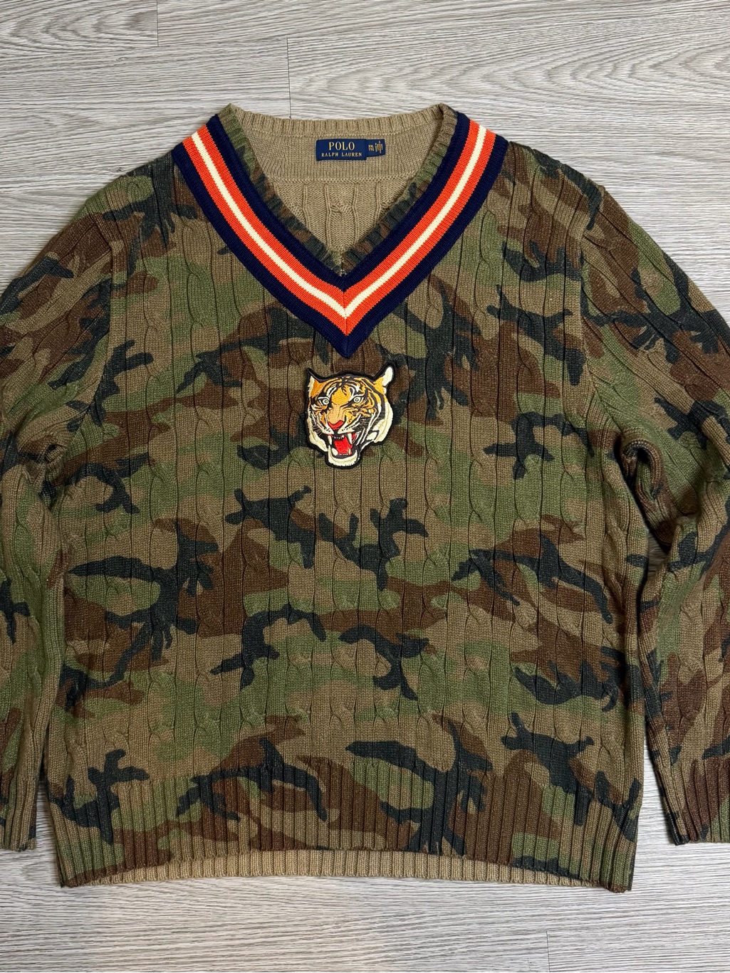 Polo Ralph Lauren Tiger Patch Camo Cable Knit V-Neck Sweater Size Mens Sz Xxl